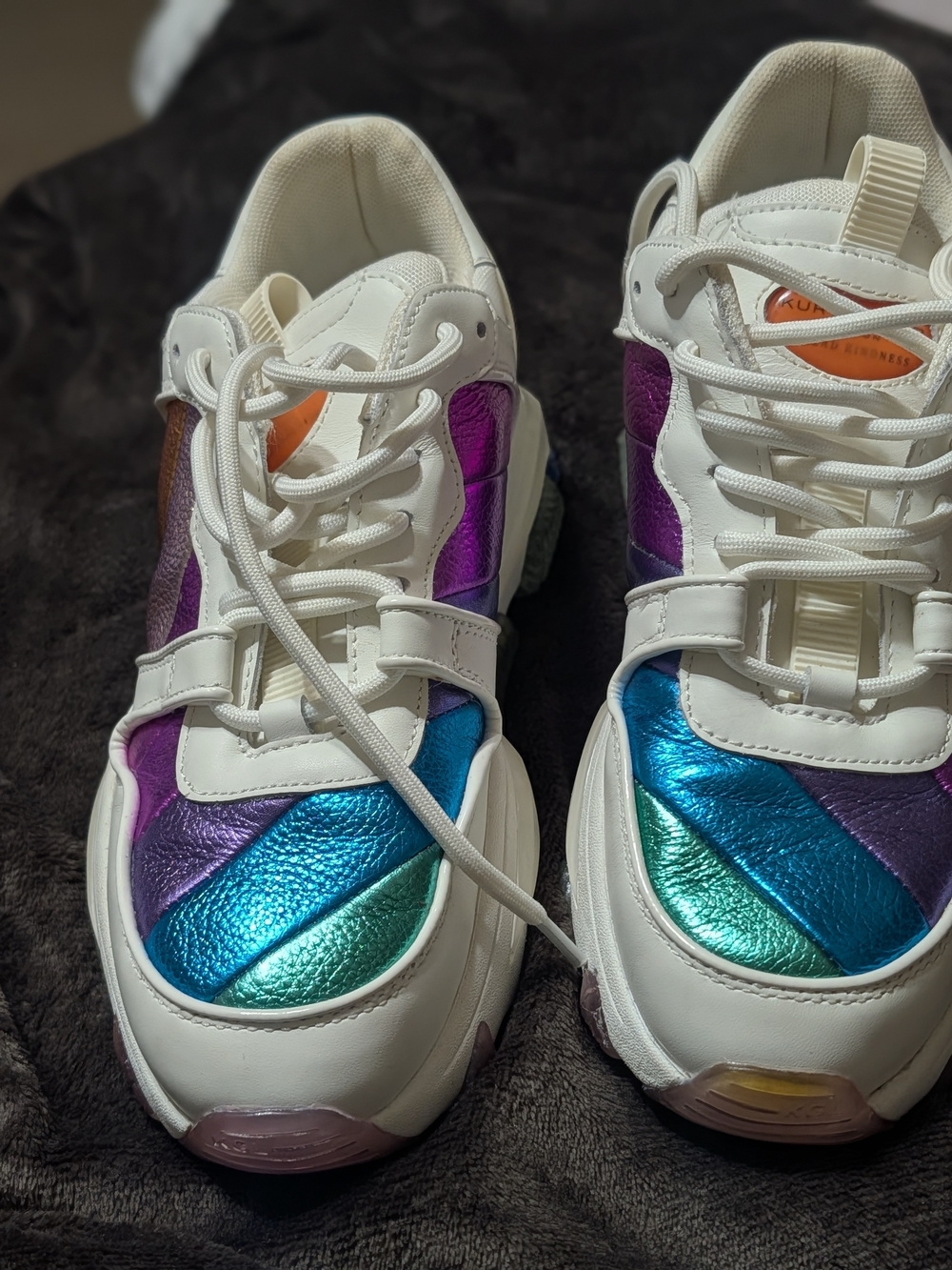 Kurt Geiger White Sneakers with Iridescent Blue-Green and Purple Panels